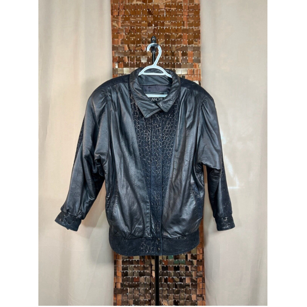 Vintage Creation Avalanche Black Leather Bomber Jacket Suede Print Patches Sz M